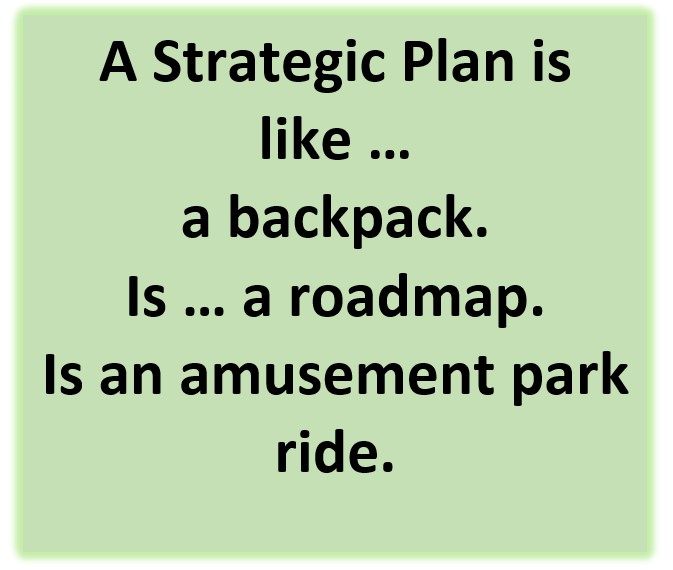 green square with the words in black "A Strategic Plan is like a backpack; a roadmap, an amusement park ride."
